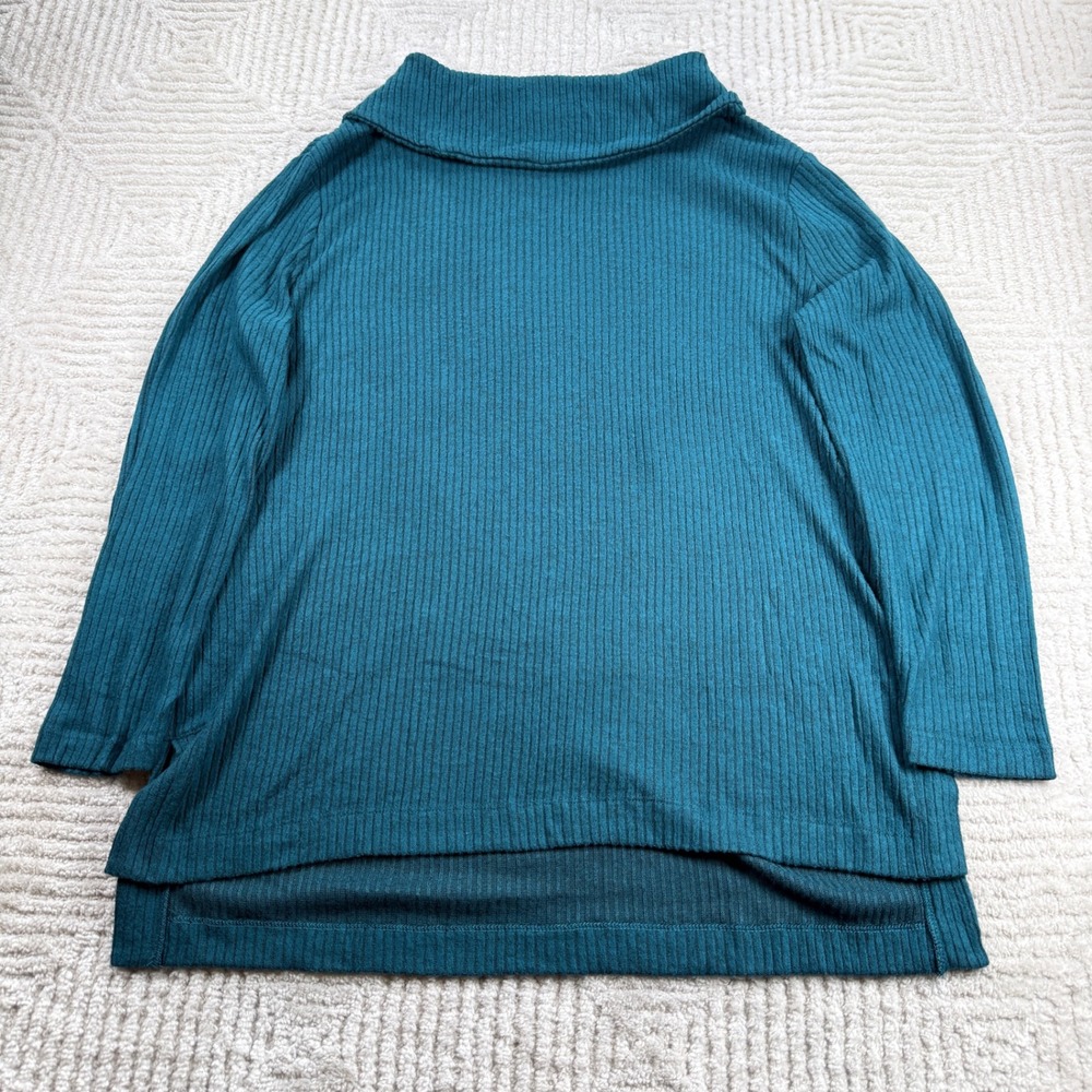 Chico's Zenergy Ribbed Cowl Neck Tunic Womens 1 M Teal Blue Cozy Layering Casual